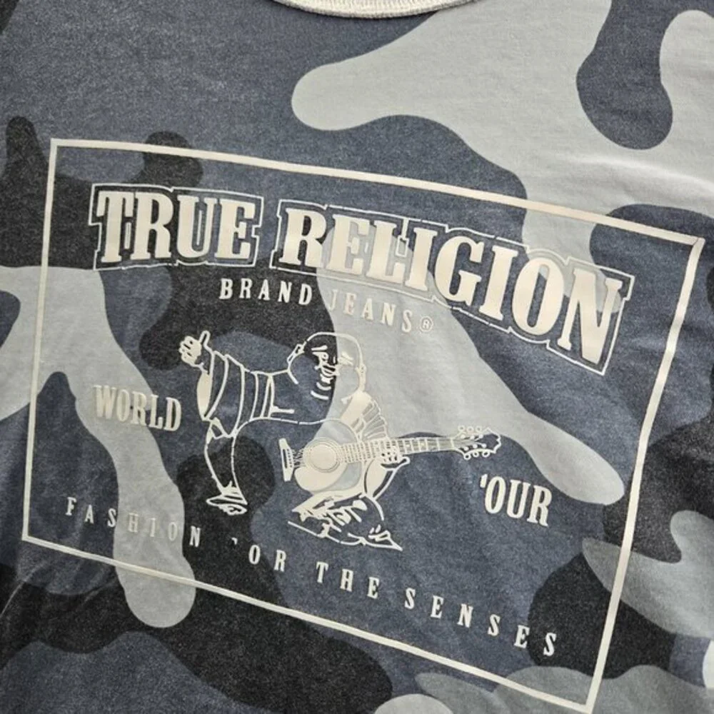 True Religion Men Shirt M Blue Drop Shoulder Camouflage Buddha Guitar Tee READ‎
